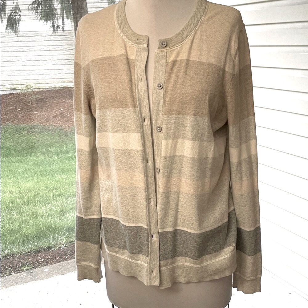 Women’s EUC EDDIE BAUER Neutral Large Striped Button-Front Cardigan Sz L. - Picture 2 of 12